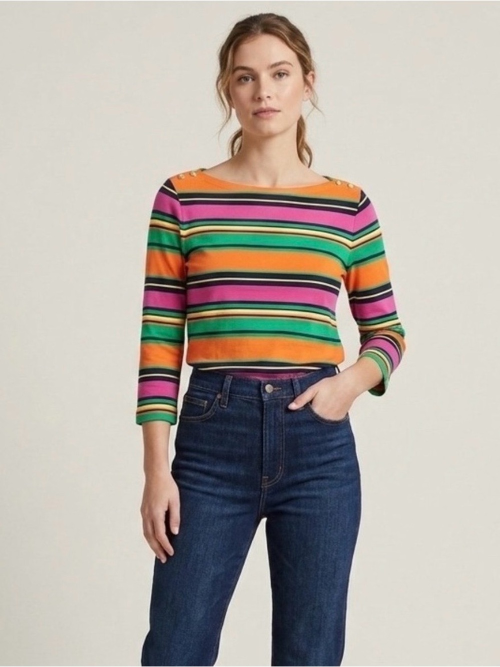 Vintage Ralph Lauren Pink Orange Striped Top Gold Button Halloween Fall Women 2X